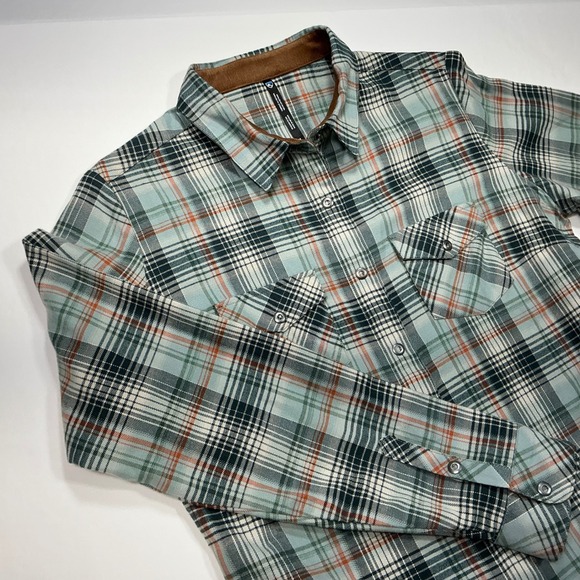 Plaid Flannel Shirt Corduroy Trim Button Up Collared Long Sleeve Green - Picture 5 of 11